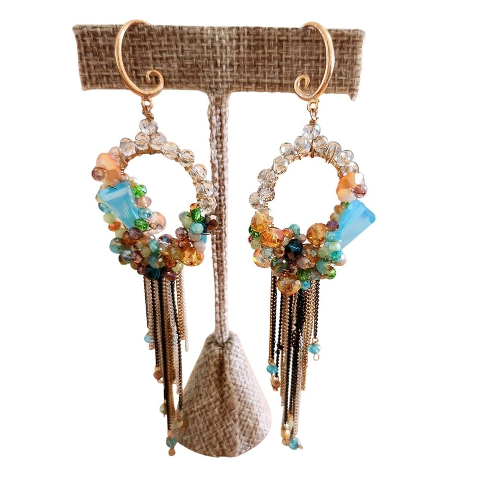 Bohemian Hand‎ Beaded Hoop Earrings with Tassel Chains Crystal Accents